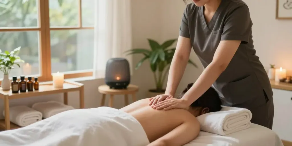 Relaxing 노원출장안마 session in a serene studio with a professional therapist.