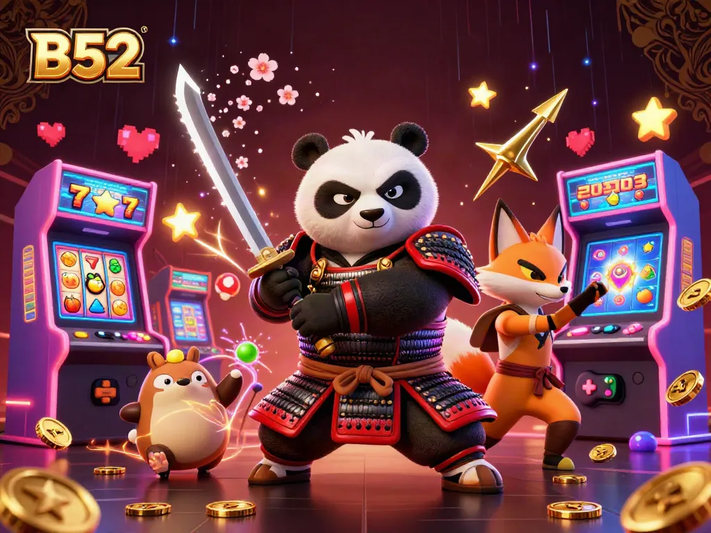 B52-themed illustration showcasing a samurai panda and ninja fox in a vibrant casino environment, engaging in thrilling gaming.