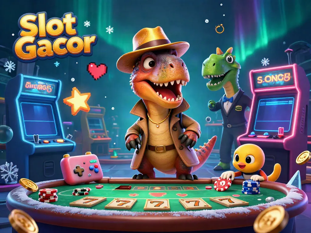 Experience the excitement of Slot Gacor with a playful scene featuring a velociraptor card counter, a stegosaurus pit boss, and a sneaky compy among colorful casino elements.