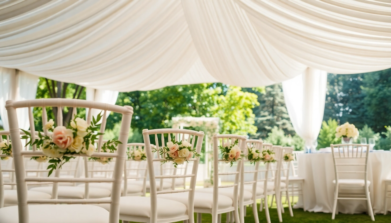 Elegant Wedding Tent Chair & Table Rentals arranged under a beautiful outdoor tent for a perfect celebration.