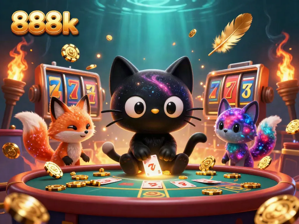 Engage in the thrilling world of 888k casino gaming, featuring a cosmic scene of a black hole cat and nebula fox.