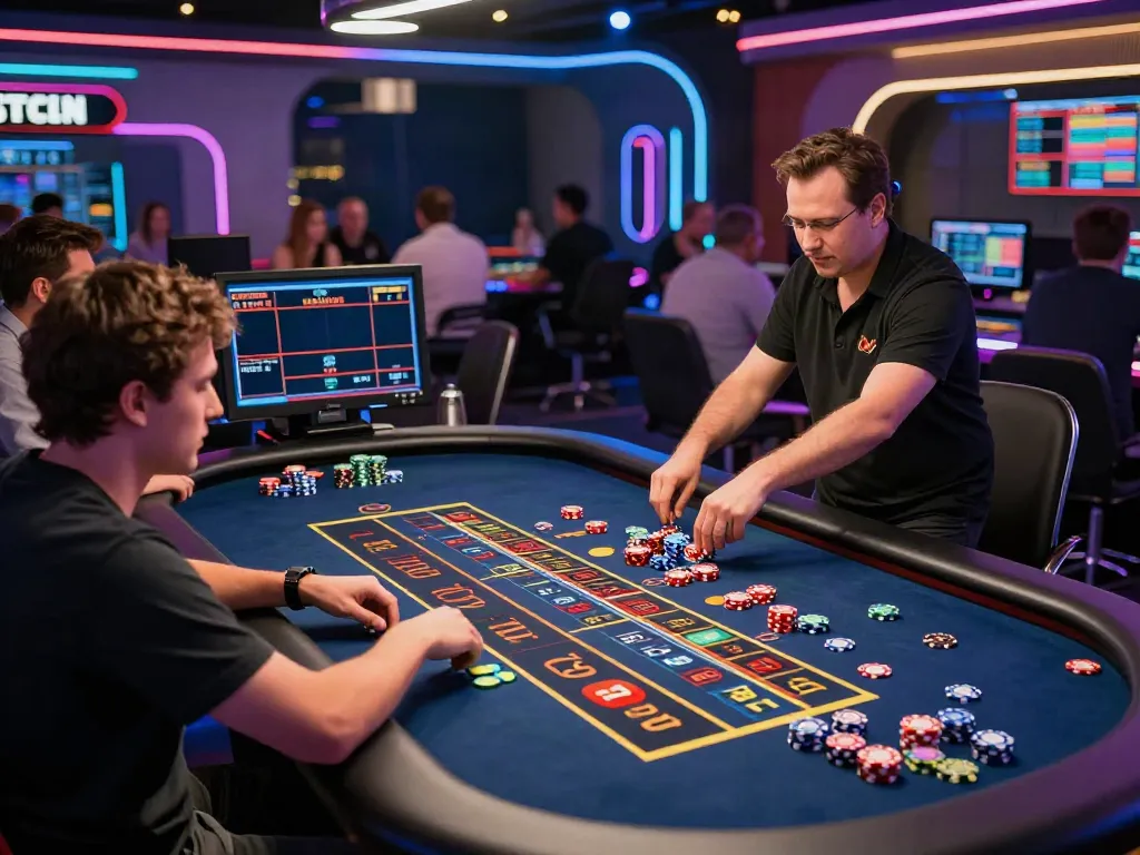 Engaging live casino scene at red88 with players at roulette table.
