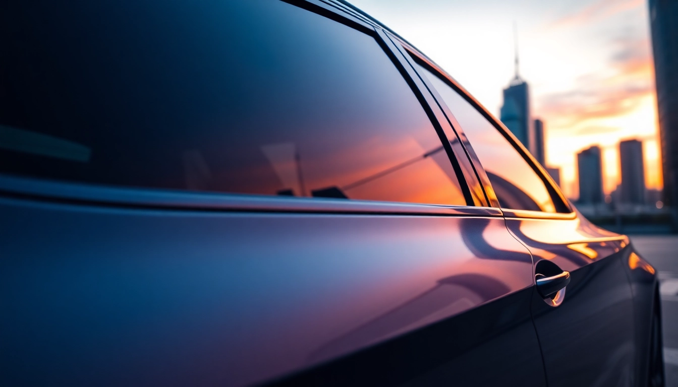 Window tinting Cleveland TN on a modern car showcasing sleek design and urban reflections.