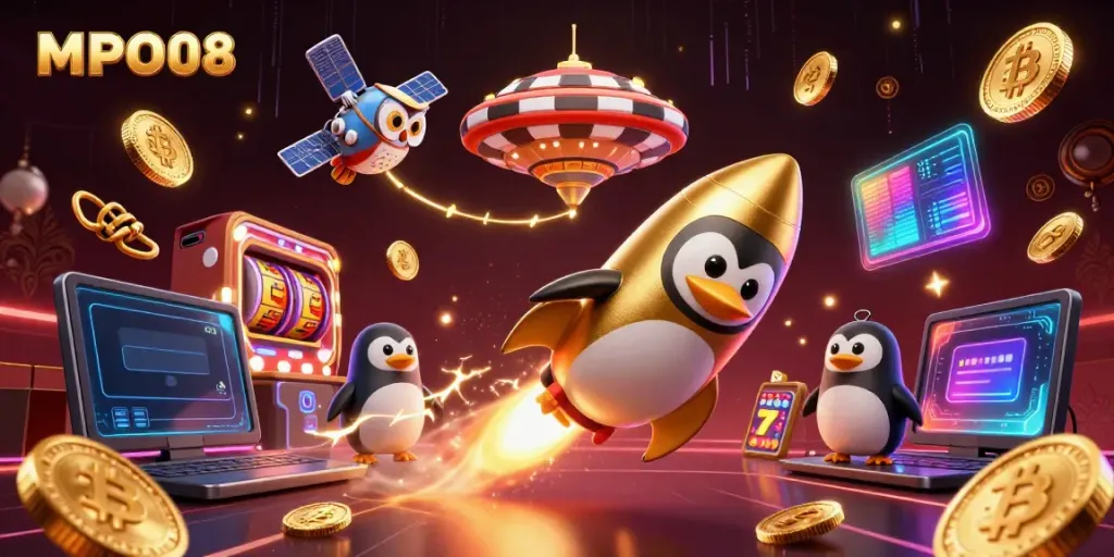 Experience MPO08's thrilling gaming with a golden penguin blasting through a casino-themed universe.