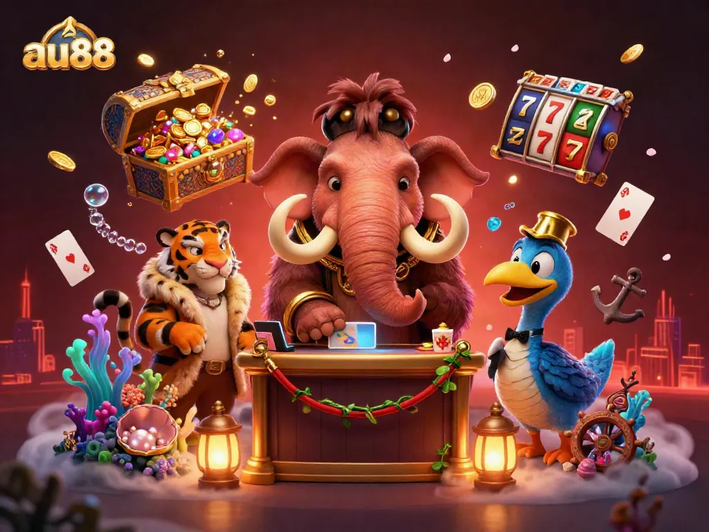 Experience the vibrant energy of au88's gaming realm with a woolly mammoth bouncer and saber-tooth tiger VIP.