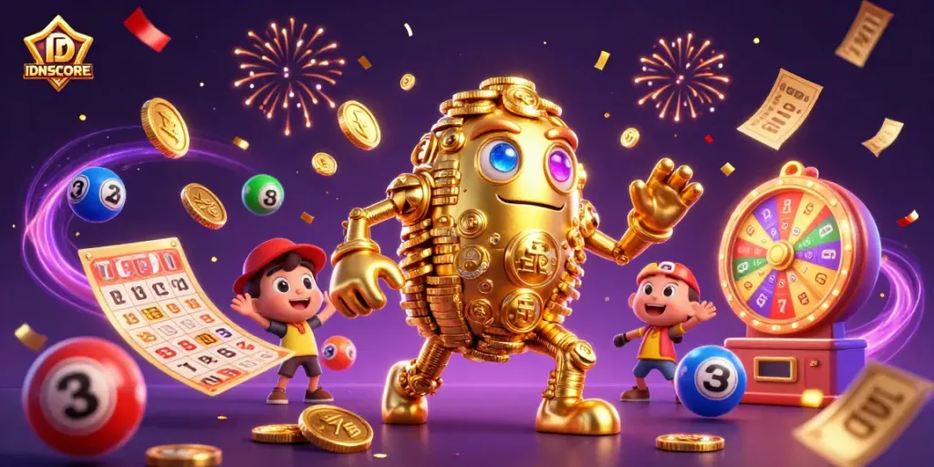 Experience the exciting IDNSCORE betting platform with dynamic characters and vibrant gaming elements.