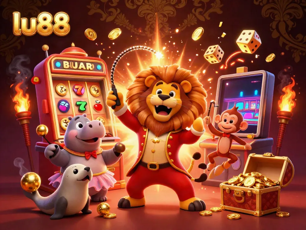 Experience thrilling gaming at lu88 with animated circus characters in a lively casino scene.
