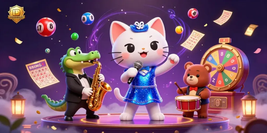 Experience the vibrant energy of IDNSCORE with a jazzy cat and friends on stage, surrounded by dynamic lottery elements.