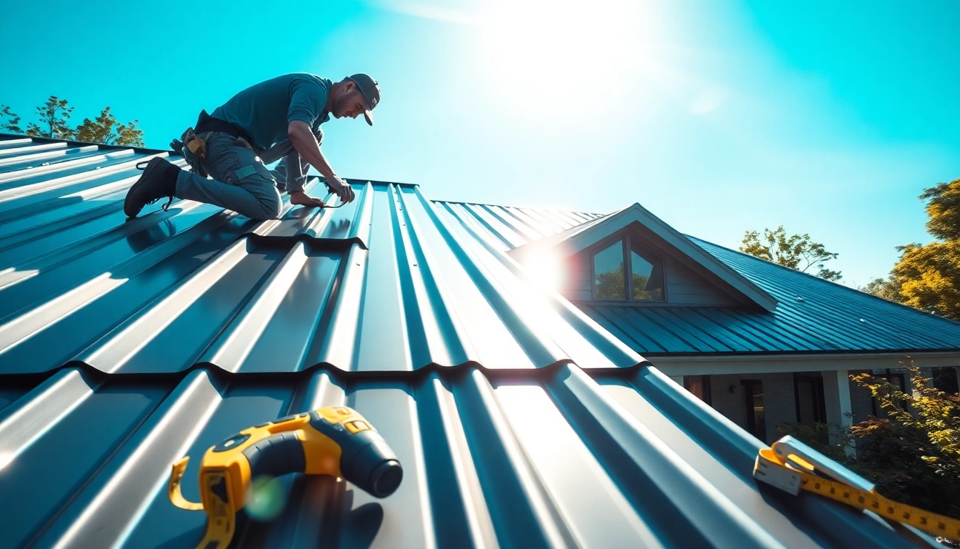 Metal roofing installation showcasing reflective surfaces and professional craftsmanship.