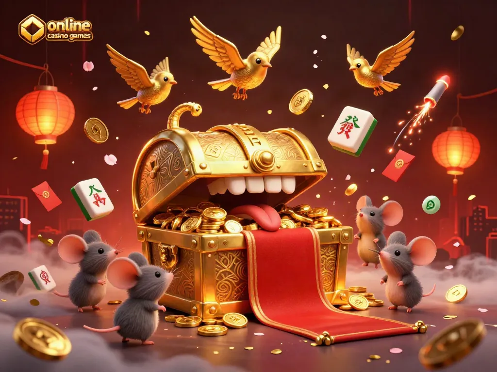 Engage with online casino games in a captivating 3D scene filled with treasures, symbols, and festive elements.