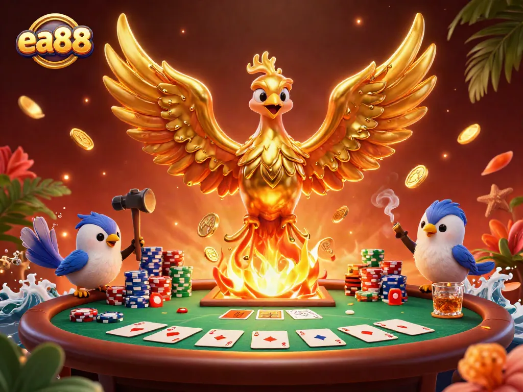 ea88 illuminates a golden phoenix amidst poker elements and vibrant casino scene