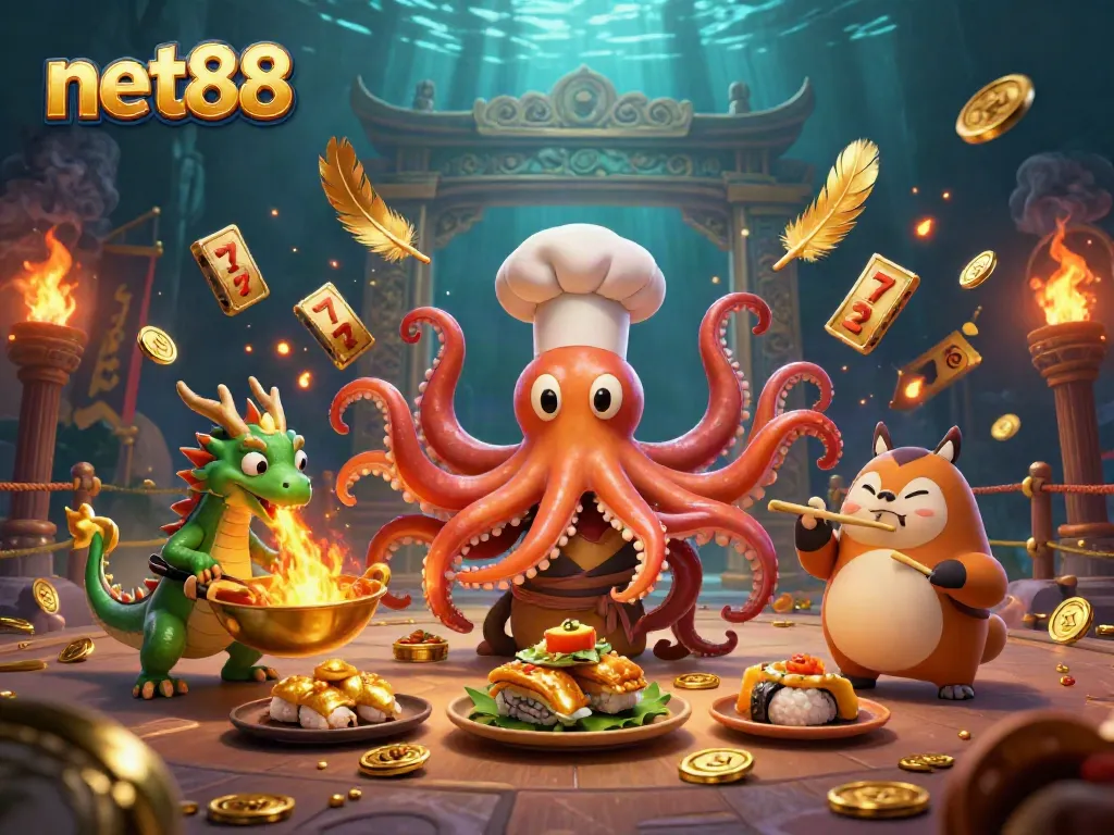 Join the excitement at net88 with a dynamic scene featuring cartoon characters and casino elements