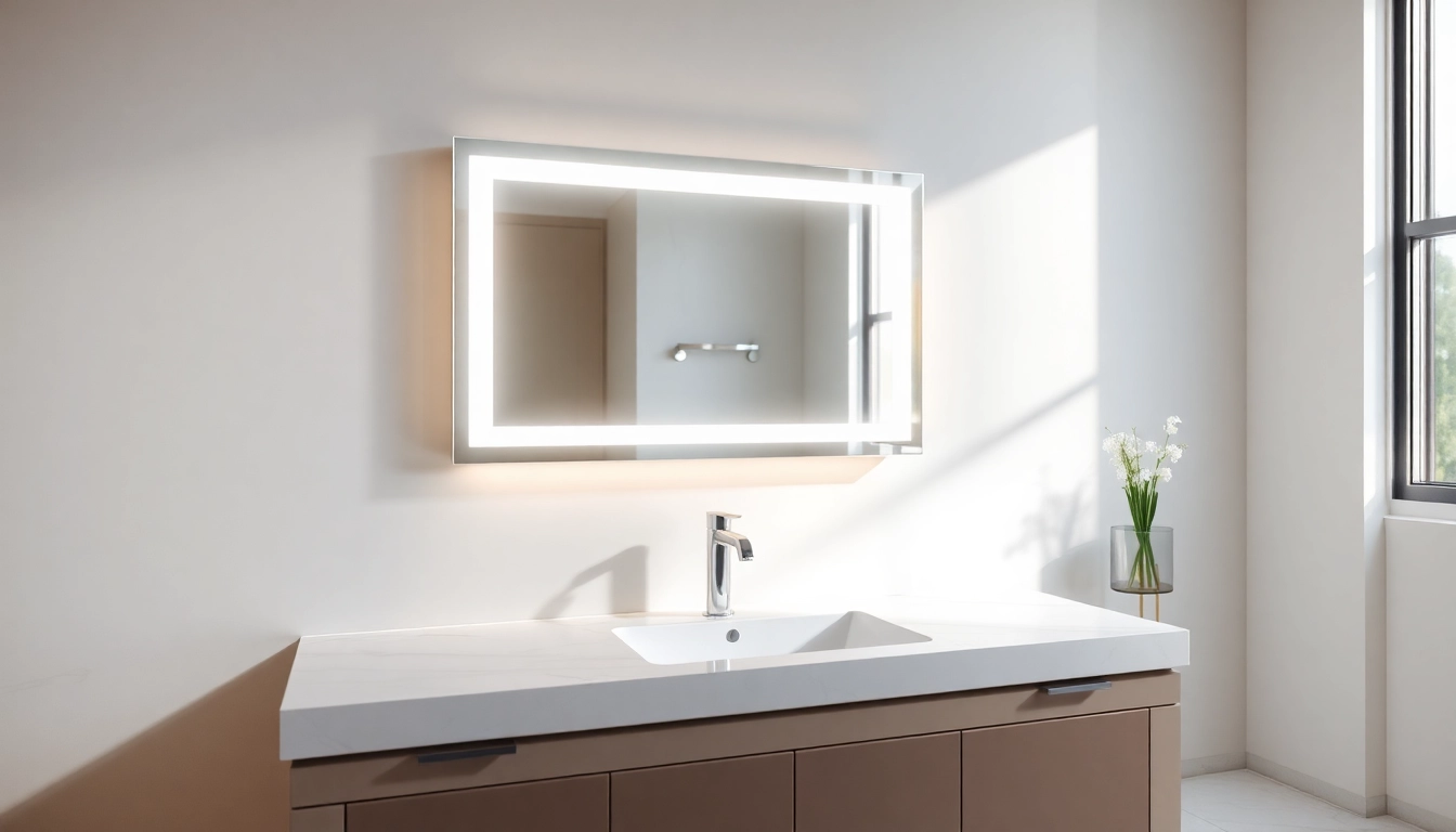 Reflections in a modern mirror and led lights over a stylish sink