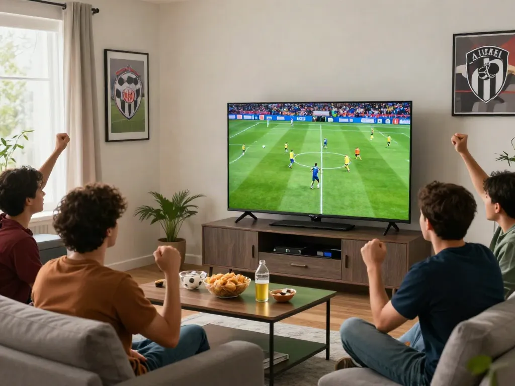 Football fans watching live matches on https://cakhiatv.team/ in a lively home setting.