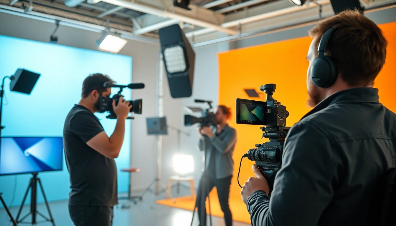 Video production team collaborating in a professional studio setting.