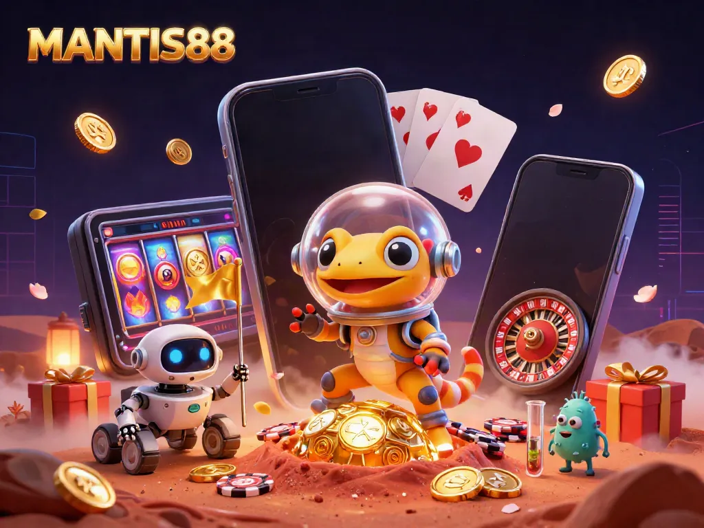 MANTIS88 showcases a vibrant 3D casino scene with a Martian gecko and robot, bursting with gaming elements.