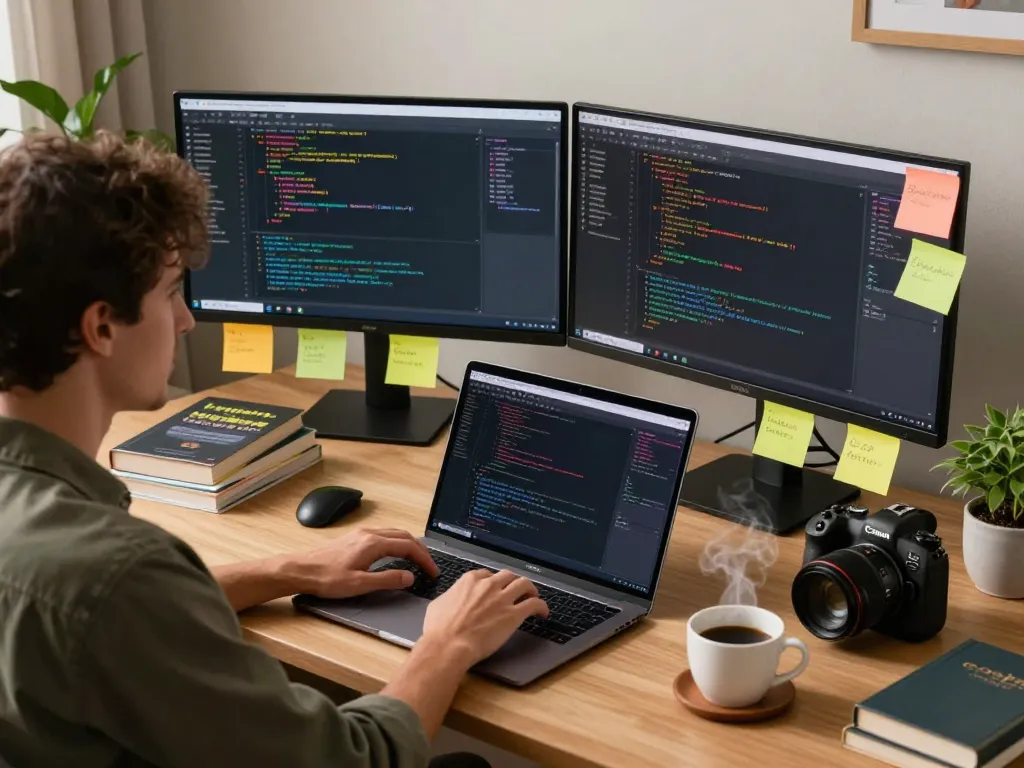 Discover the powerful features of 谷歌浏览器 in a modern developer workspace, highlighting coding activities and productivity tools.