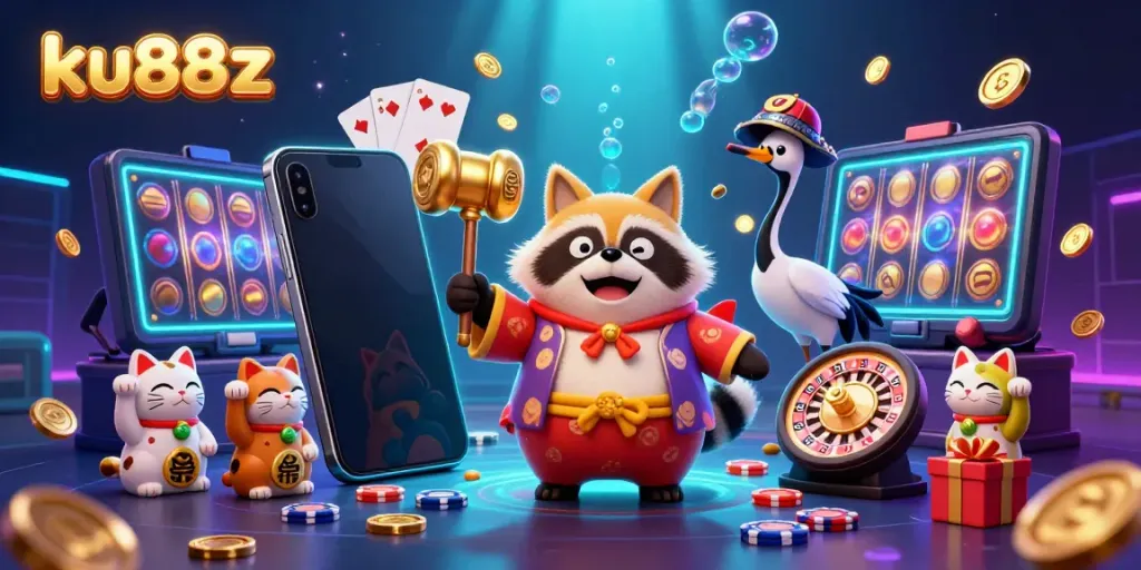 Win big with ku88z in this vibrant illustration showcasing cheerful characters and casino games.
