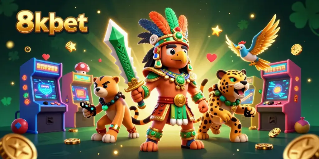 Join the excitement at 8xbet with our illustrated casino scene featuring vibrant game elements and characters.