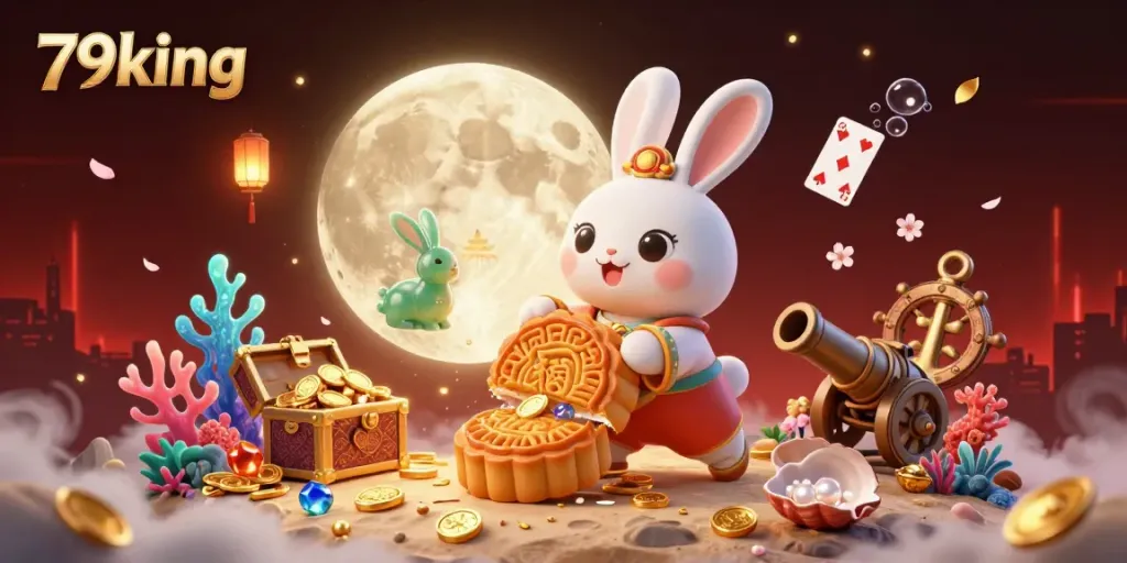 Experience the thrilling world of 79king with the moon rabbit breaking mooncakes to reveal poker chips.