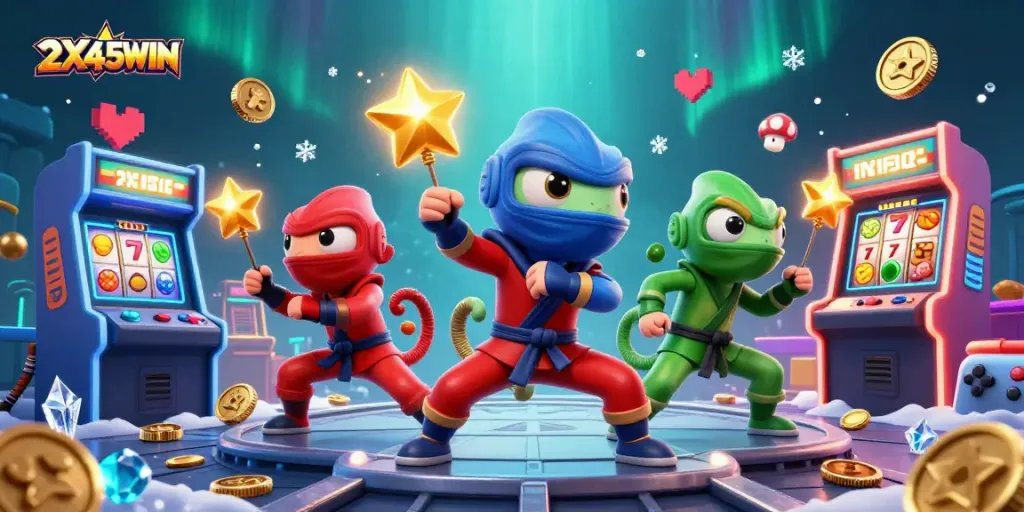 Geng ninja chameleon 2X45WIN melakukan pose seni bela diri di arena slot, dikelilingi mesin arcade berwarna-warni