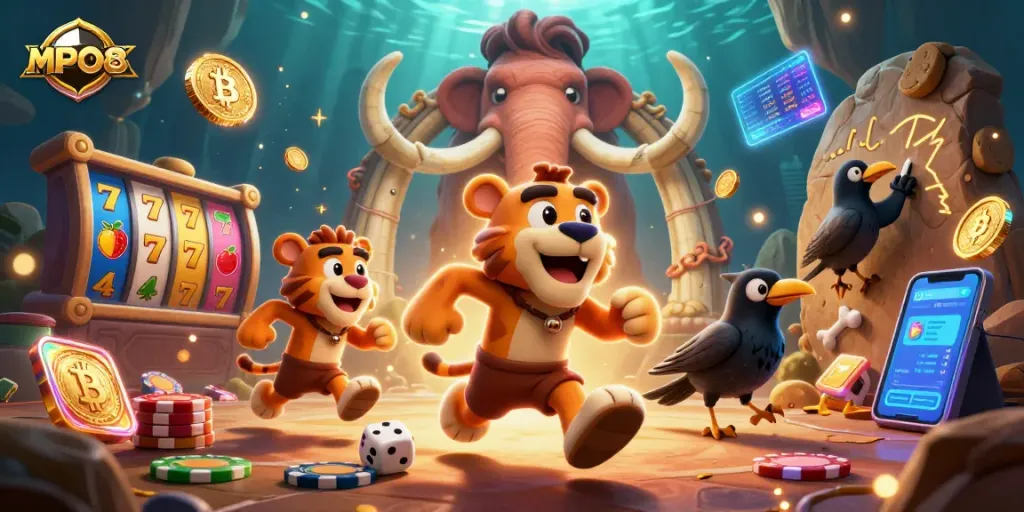 MPO08 showcases a vibrant casino scene featuring a caveman and tiger duo, surrounded by slot game elements and glowing crypto coins.