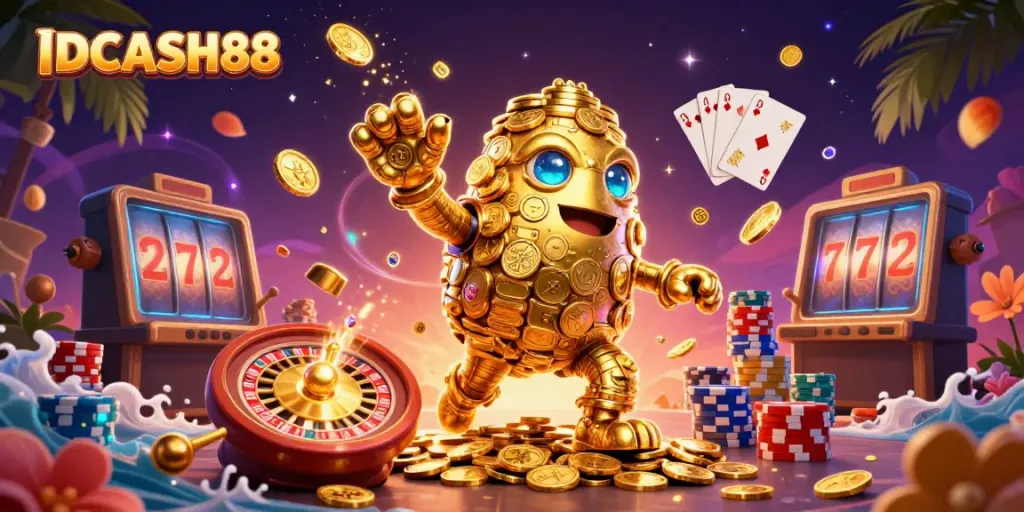 Experience thrilling gameplay at IDCASH88 with a vibrant 3D illustration of dynamic casino themes.
