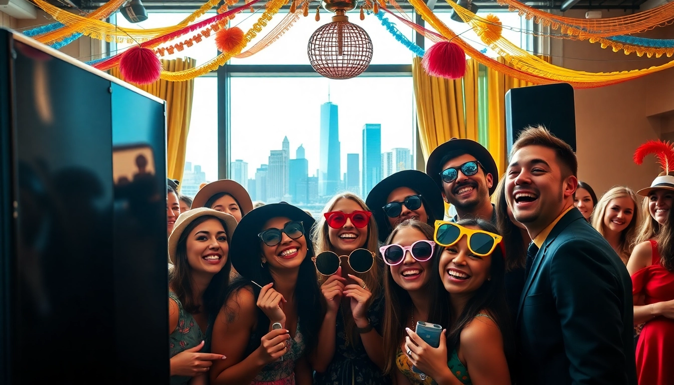 Enjoying a fun moment at a photo booth rental Chicago with friends, featuring colorful props.