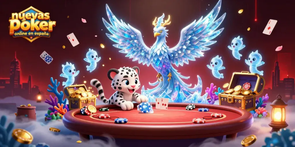 Ilustración 3D de nuevas salas de póker online en España con un fénix de hielo y un cachorro de leopardo jugando.