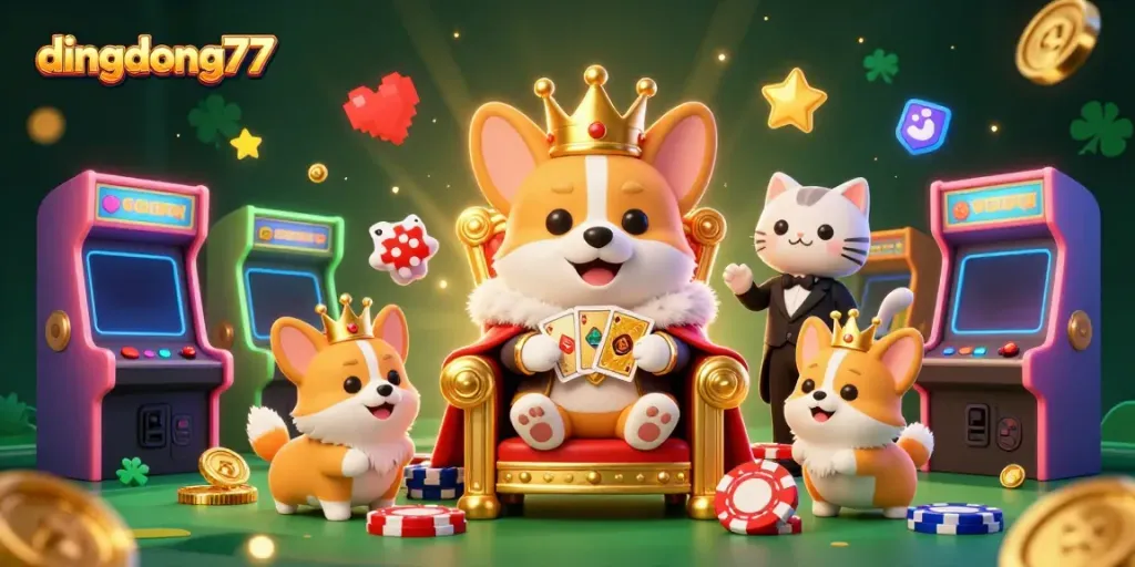 Engage with thrilling gameplay at dingdong77 with a vibrant illustration of a royal corgi on a throne, surrounded by riches.