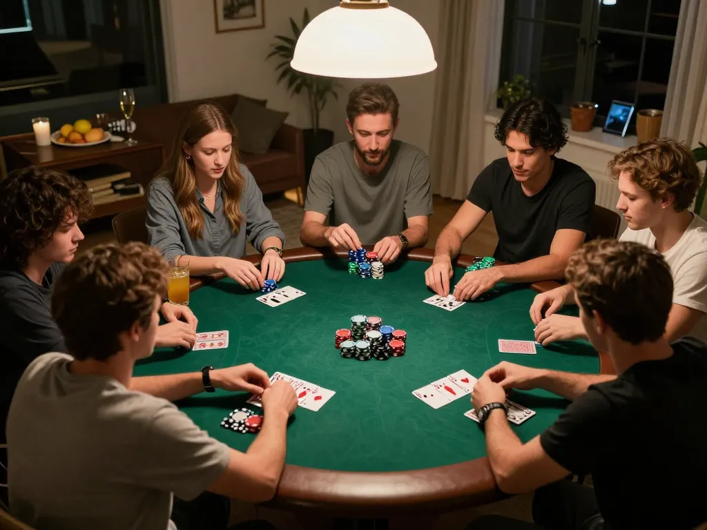 Friends enjoying a poker night at home, showcasing the god55vn experience of strategic gameplay and social bonding.