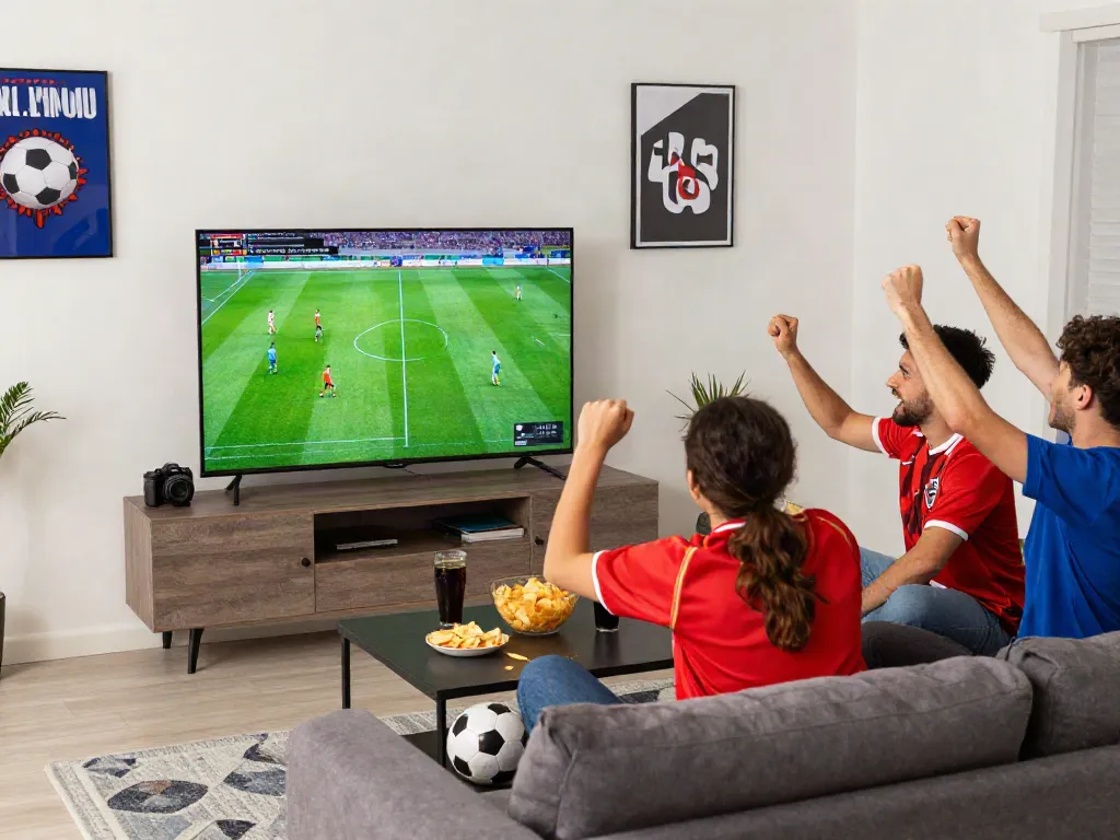 Friends enjoying live football on https://cakhiatv.team/ in a vibrant living room with snacks and jerseys.