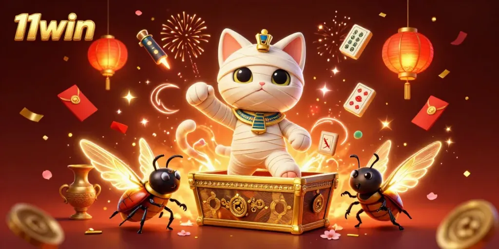 Experience the thrill of 11win as an Egyptian mummy cat bursts from a golden sarcophagus in a lively casino.