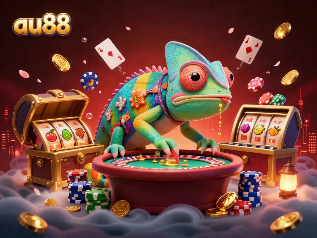 Experience the dynamic world of au88 with a chameleon casino owner capturing golden coins, surrounded by vibrant gaming elements.