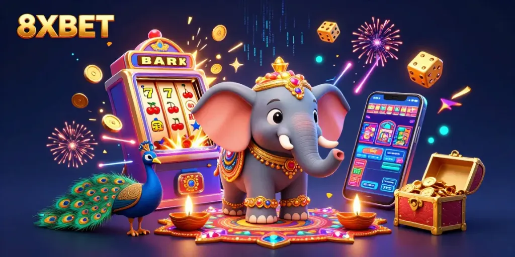 8XBET players experience thrilling casino action with vibrant jackpots, slots, and festive excitement.