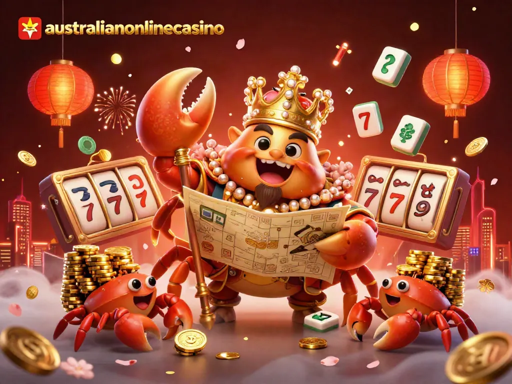 Engaging scene of the australianonlinecasino with a golden crab emperor among luminous game elements, showcasing dynamic casino excitement.