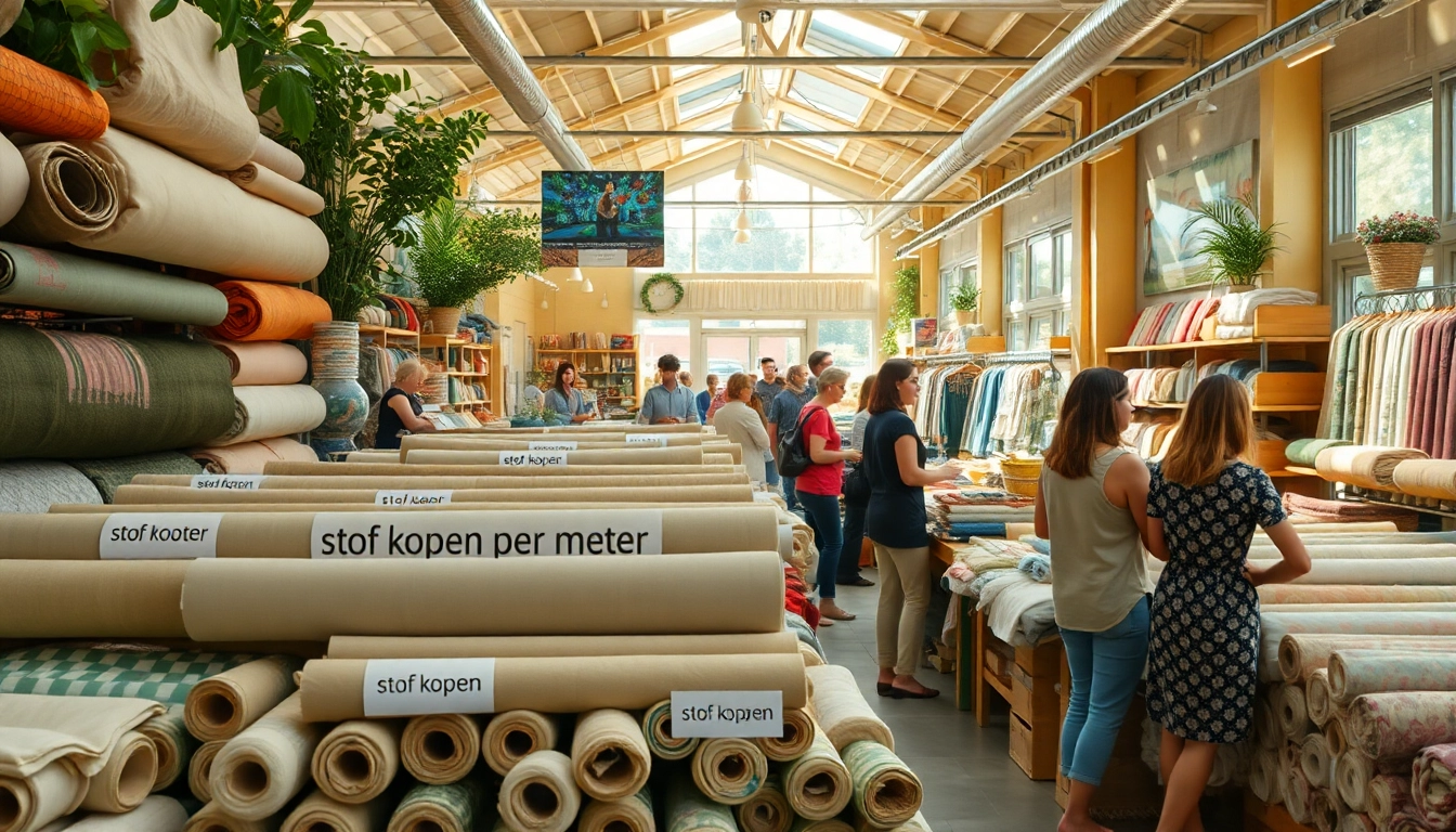 Stof kopen per meter aangeboden in een stijlvolle stoffenwinkel met diverse texturen.