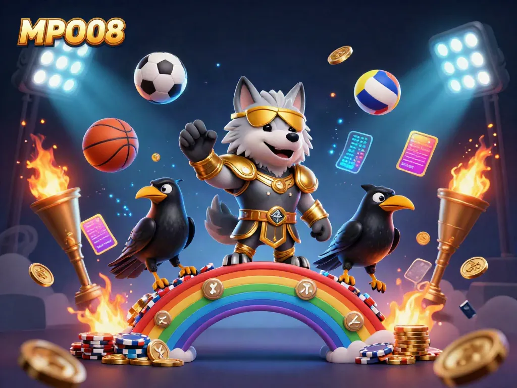MPO08 showcases an epic 3D scene with Odin and ravens, casino chips, and dynamic sports elements in action.