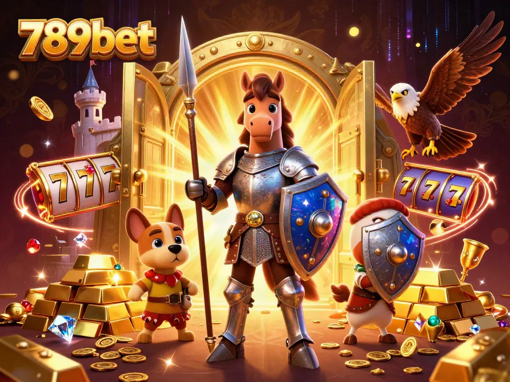 Join the fun at 789bet with a medieval knight and treasure-filled scene, emphasizing casino excitement.