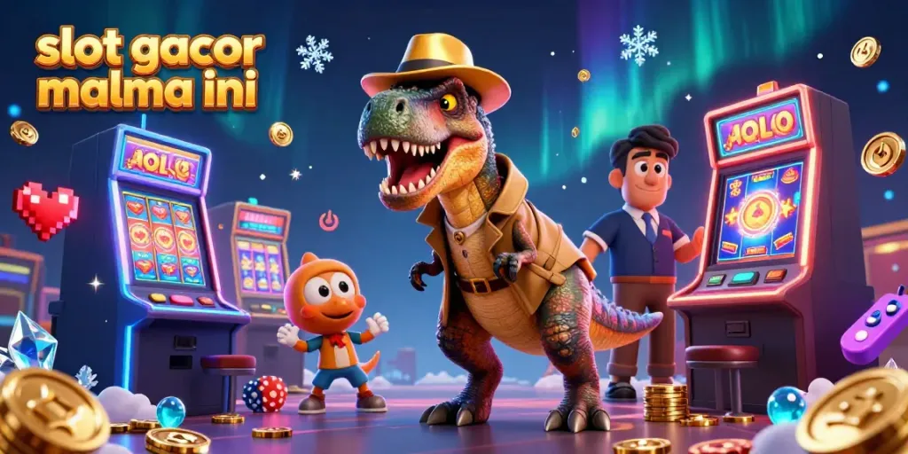 Experience the excitement of slot gacor malma ini with cartoon velociraptors and vibrant slot machines.