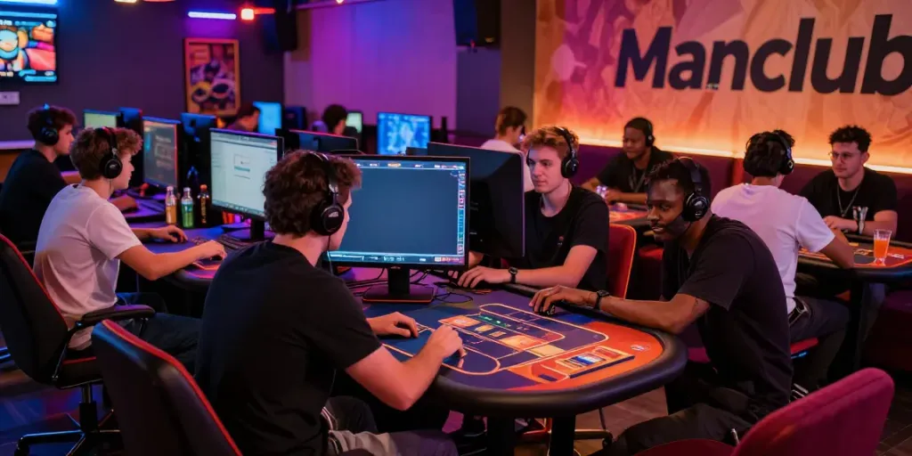 Men enjoying a vibrant gaming experience at Manclub's lounge, showcasing gaming excitement and camaraderie.