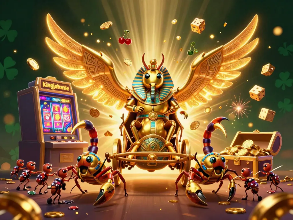 Win big with kingjohnnie as the golden scarab beetle leads an exciting casino scene filled with prize elements.