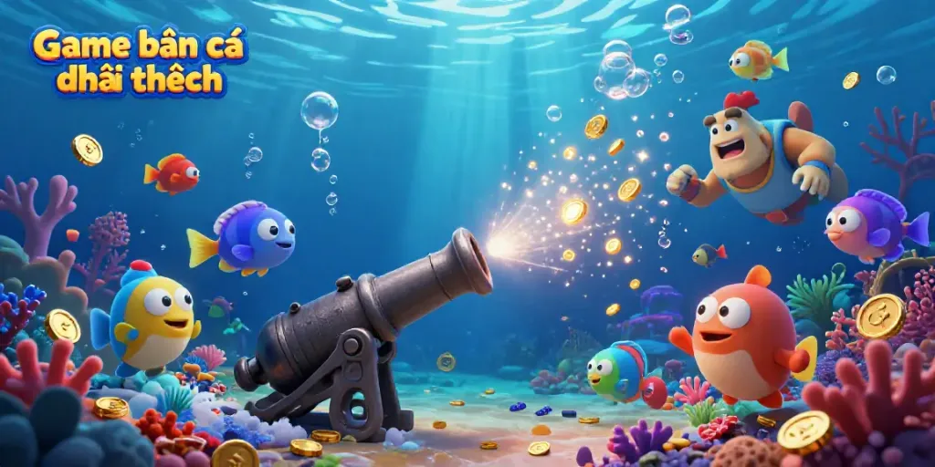 Experience the excitement of Game bắn cá đổi thưởng as players shoot vibrant sea creatures and collect gold coins in this action-packed underwater scene.