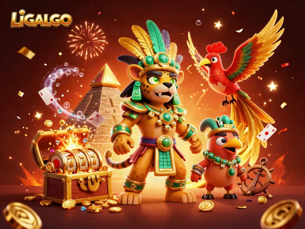LIGALGO's vibrant casino scene featuring a Mayan jaguar priest and golden quetzal bird surrounded by slot reels and treasure.