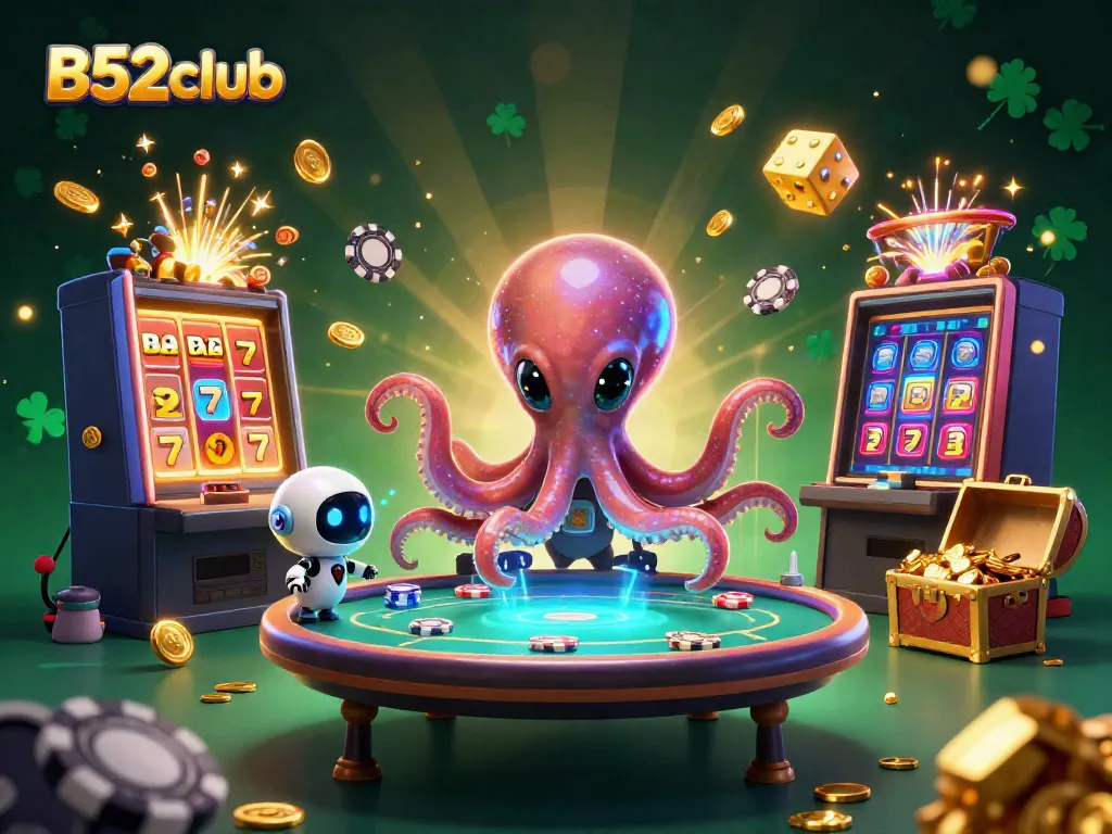 B52club showcases an alien octopus at a holographic poker table amidst casino excitement.