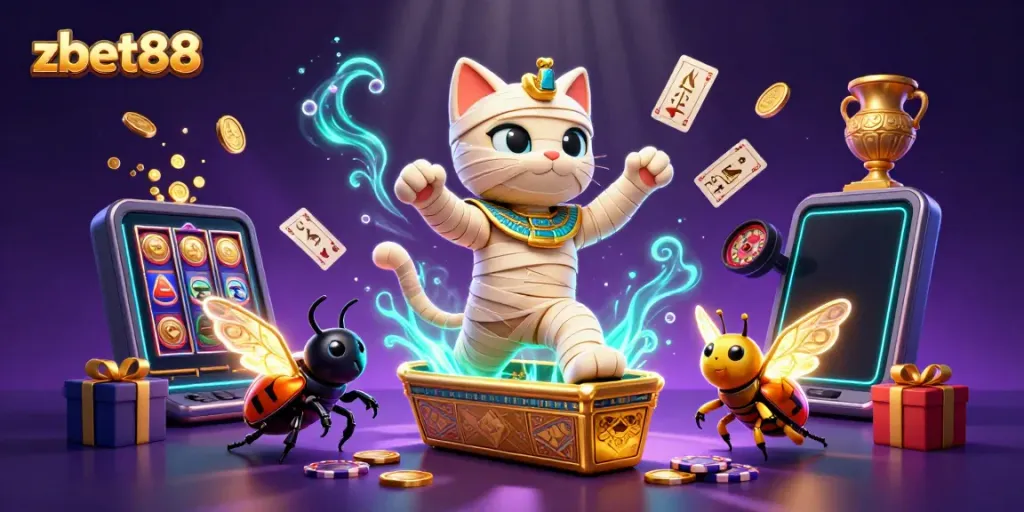 Experience thrilling gaming action with zbet88, featuring an Egyptian mummy cat and golden coins.