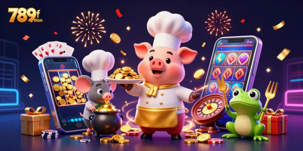 Experience jackpot excitement with 789f fashion's vibrant casino illustration featuring playful characters and games.