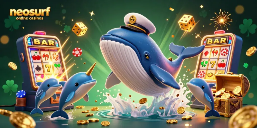 Experience the excitement of neosurf online casinos with a vibrant 3D whale, dolphins, and abundant casino symbols.
