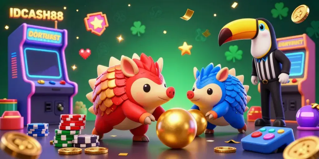 Engage with IDCASH88 as rival pangolins roll golden balls through poker chips in a colorful casino scene.