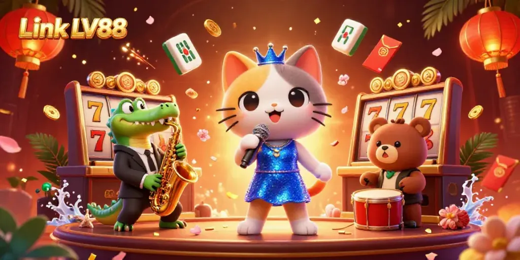 Experience the excitement of Link LV88 with vibrant characters in a casino setting, showcasing thrilling games.